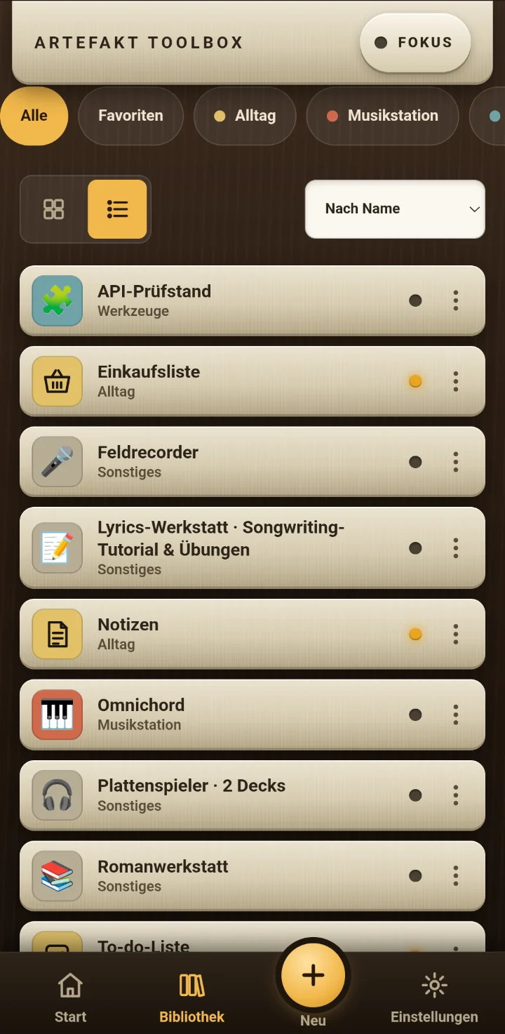 Die Bibliothek als Liste mit Filtern, Suche und Sortierung